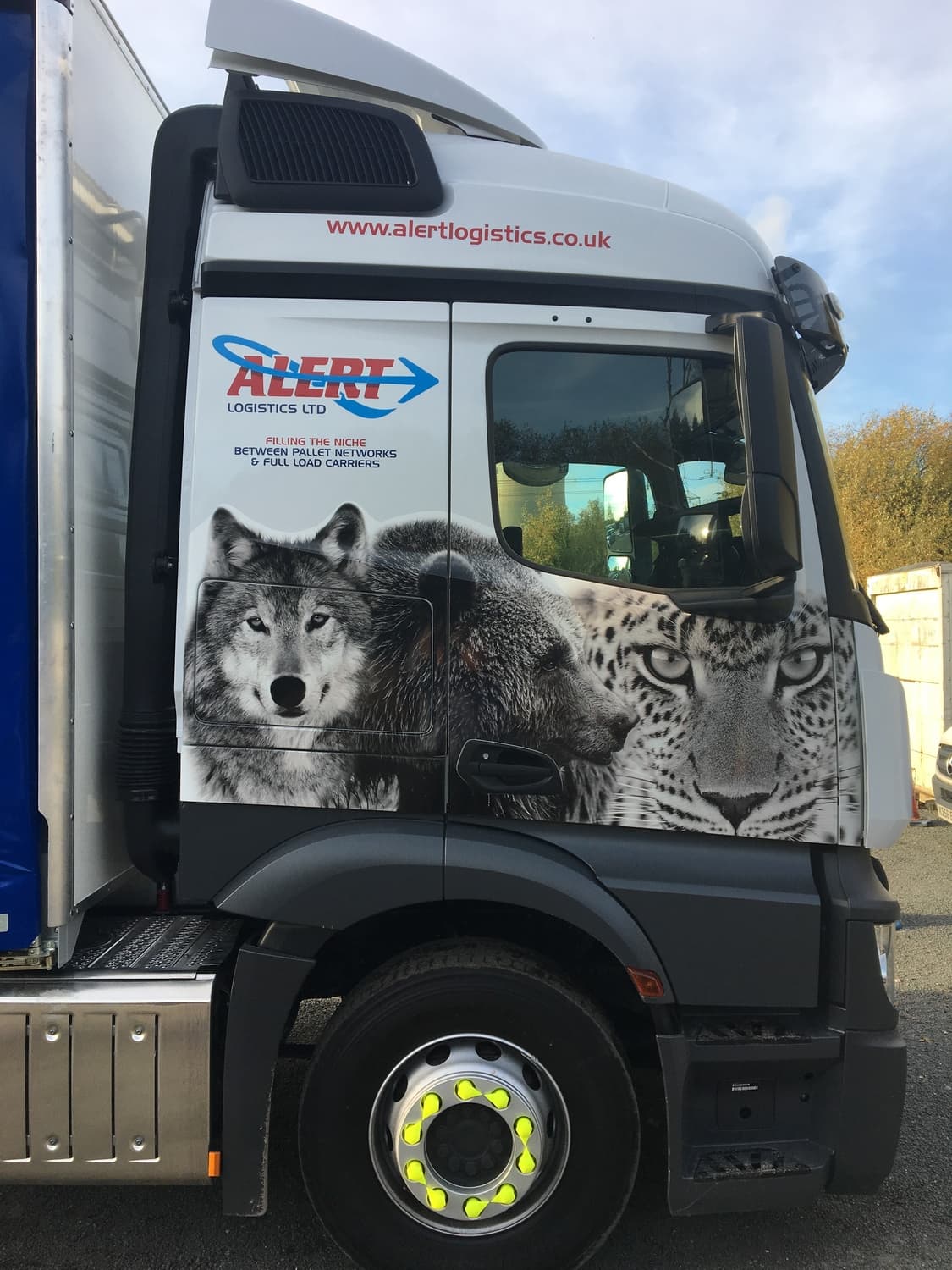 Rear of truck with white tiger panel